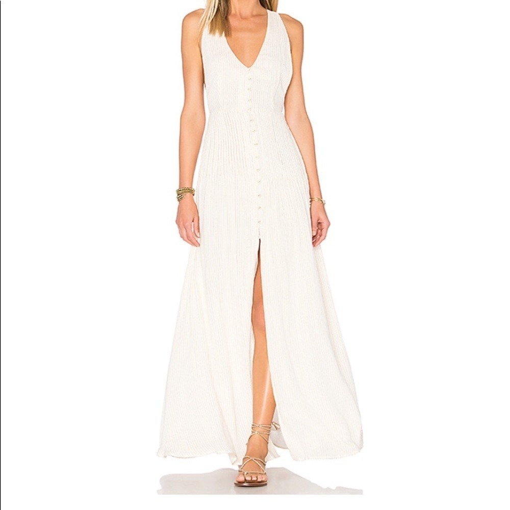 House of Harlow 1960 x REVOLVE Cream Gold Metallic Pinstripe Maxi Dress Womens M